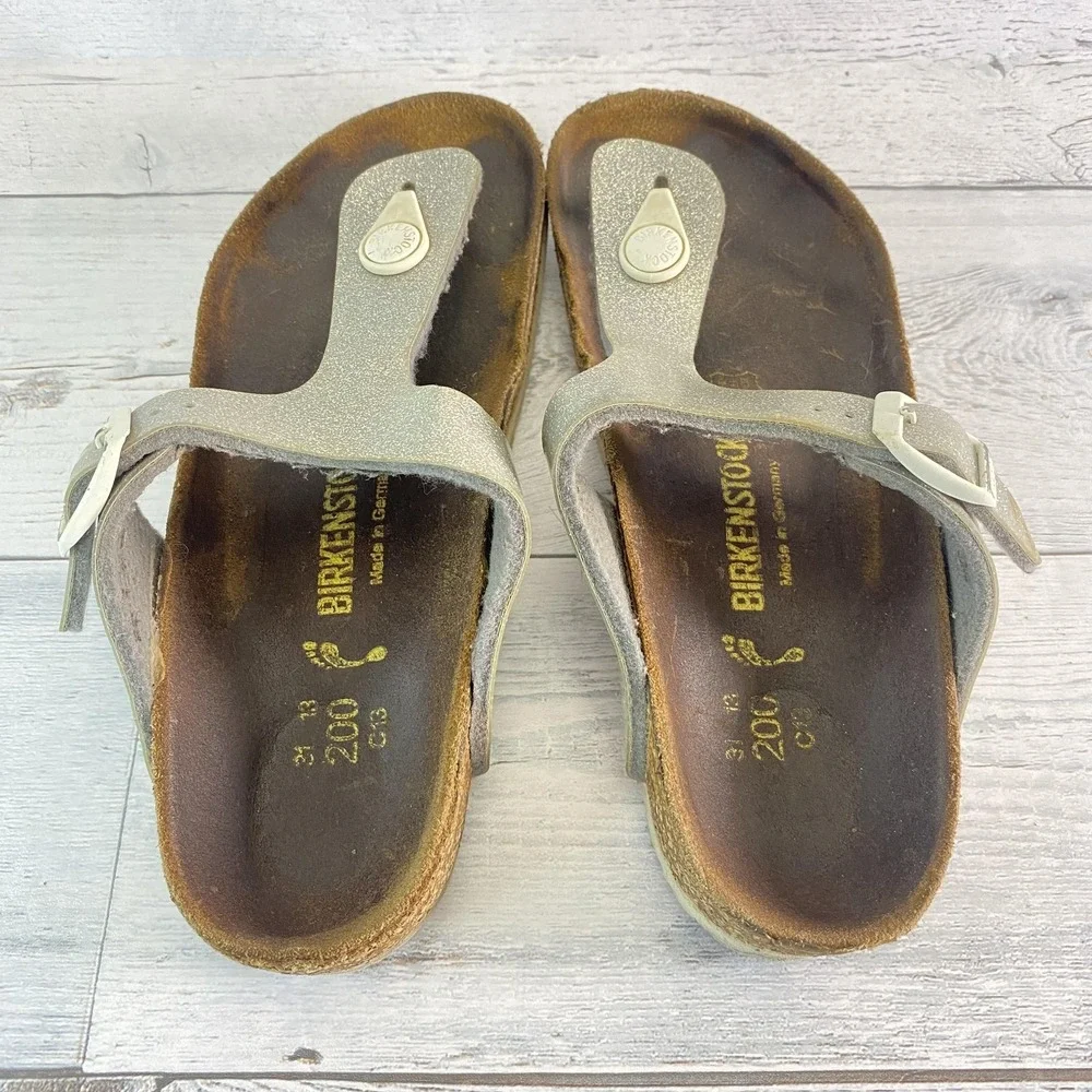 Birkenstock Sandals Girls 13 Silver Gizeh Glitter Thong Flip Flop Buckle Strappy